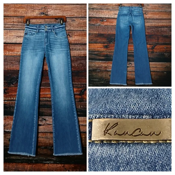 Kancan Jeans 25 Boot Cut High Rise Double Button Frayed Hem Blue Denim Stretch - Picture 1 of 8